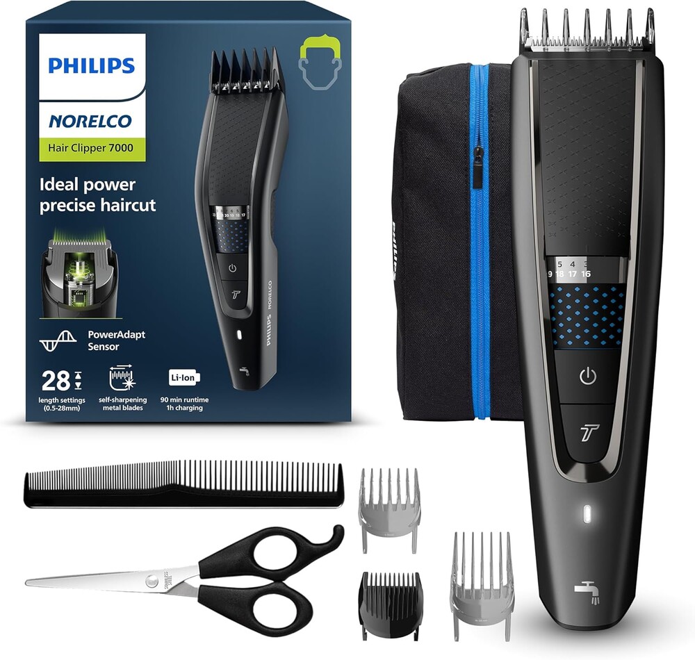Norelco Philips Hair Clipper 7000 Series, Hair and Beard Trimmer, Precision Dial, PowerAdapt Sensor, Trim-and-Flow, DualCut, DuraPower, 28 Length Settings, 90 Min. Runtime, Model HC7650/40