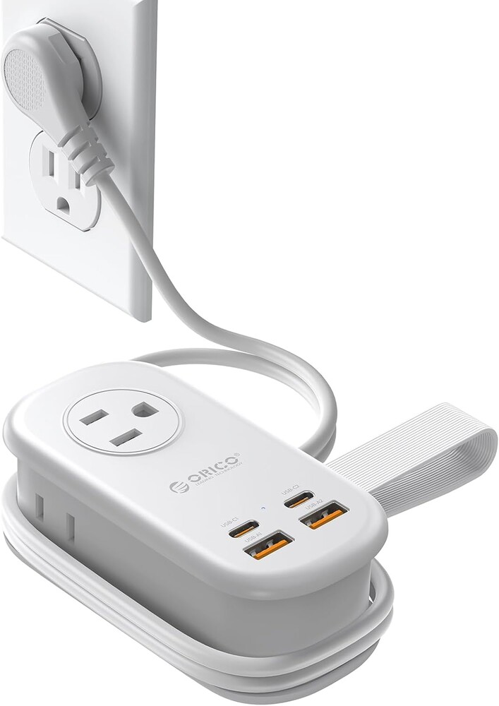 ORICO 65W GaN Travel Power Strip with 7-in-1 Charging Ports (3 AC Outlets/2 USB-A/2 USB-C), Flat Plug and 4FT Extension Cord, Fast Charger for MacBook Pro/Air, iPad Pro, iPhone 17/16/15- AP3