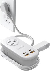 ORICO 65W GaN Travel Power Strip with 7-in-1 Charging Ports (3 AC Outlets/2 USB-A/2 USB-C), Flat Plug and 4FT Extension Cord, Fast Charger for MacBook Pro/Air, iPad Pro, iPhone 17/16/15- AP3