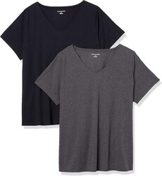 Amazon Essentials Women's Classic-Fit 100% Cotton Short-Sleeve V-Neck T-Shirt (Available in Plus Size), Pack of 2