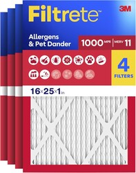 Filtrete 16x25x1 Air Filter, MERV 11, MPR 1000, Allergens & Pet Dander, 3-Month AC and Furnace Filters, Cleaner Air, Reliable Airflow, 4 HVAC Filters (Actual Size 15.68 x 24.68 x 0.81 in)