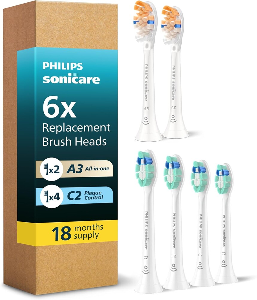 Philips Sonicare 6 Pack with up to 18 Month Supply, Includes Premium All-in-One (A3) + Plaque Control (C2) Brush Head Bundle, Genuine Replacement Electric Toothbrush Heads, White, BD9003AZ