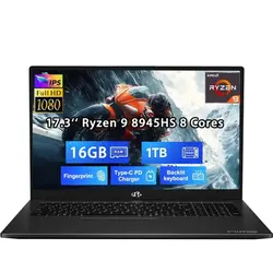 17.3" Gaming Laptop Computer AMD Ryzen 9 8945HS (Beats i9-13900H, Up to 5.2GHz), AMD Radeon 780M Graphics, 16GB RAM, 1TB SSD, FHD IPS Display, 100W PD, Backlit Keyboard, Fingerprint Black