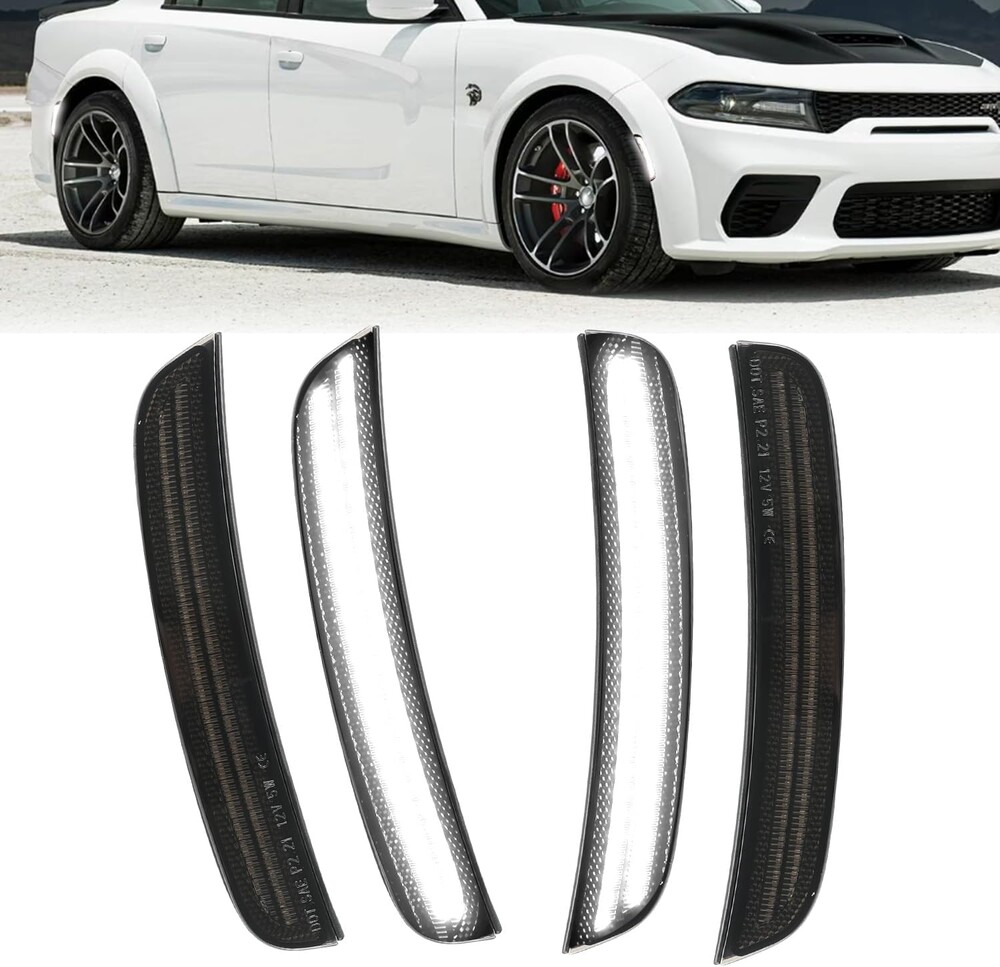 ROCCS 4PCS LED White Side Marker Lights Compatible with Dodge Charger SRT Hellcat Scat Pack 2015-2023 Front Rear Bumper Turn Signal Light,OEM part number 68214405AA/68214404AA/68214127AA,Smoked Lens