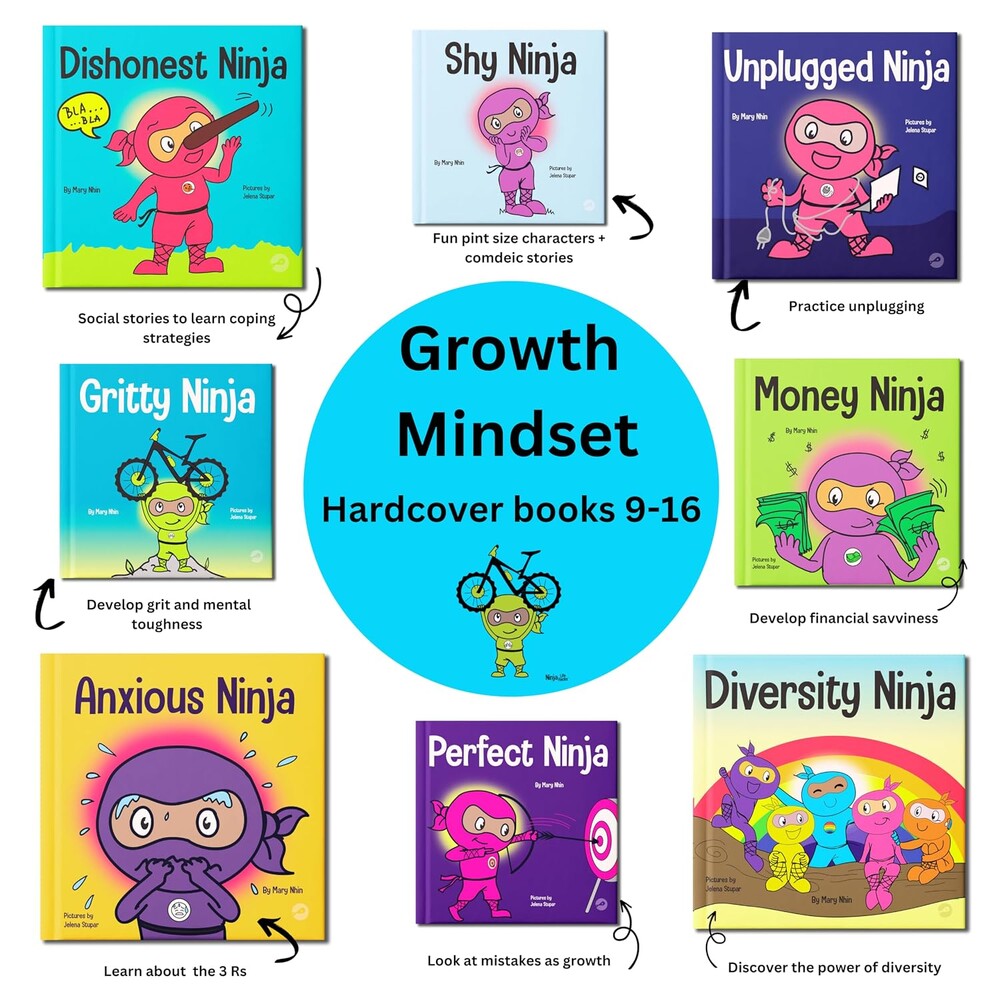 Ninja Life Hacks Growth Mindset 8 Hardcover Book Bundle (Books 9-16: Perfect, Money, Anxious, Gritty, Dishonest, Shy, Unplugged, Diversity)