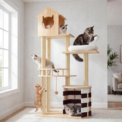 YITAHOME 63" Stable Pine Wood Cat Tree, Multi-Level Cat Tower with Cat House, Observation Perches, Sisal Scratching Posts & 2 Interactive Sisal Balls, Cat Furniture