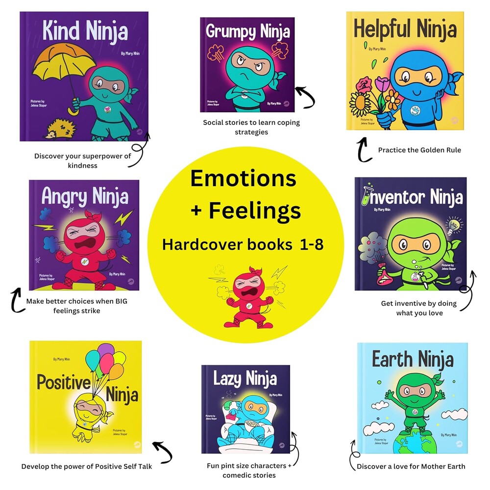 Ninja Life Hacks Emotions and Feelings 8 Hardcover Book Bundle (Books 1-8: Angry, Inventor, Positive, Lazy, Helpful, Earth, Grumpy, Kind)