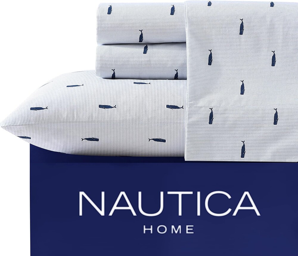 Nautica - Twin XL Size Sheet Set, Crisp Cotton Percale Bedding with Matching Pillowcase, Fully Elastic Fitted Sheet, Deep Pocket, Nautical Room Decor, Breathable All-Season Comfort (Whale Stripe Blue)