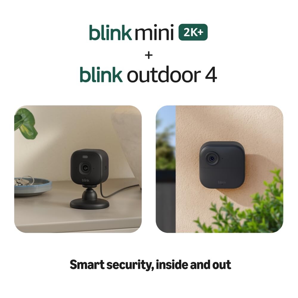 Blink Outdoor 4 and Blink Mini 2K+ — Wireless smart security camera with two-year battery and 2K indoor home and pet camera. Sync Module Core included