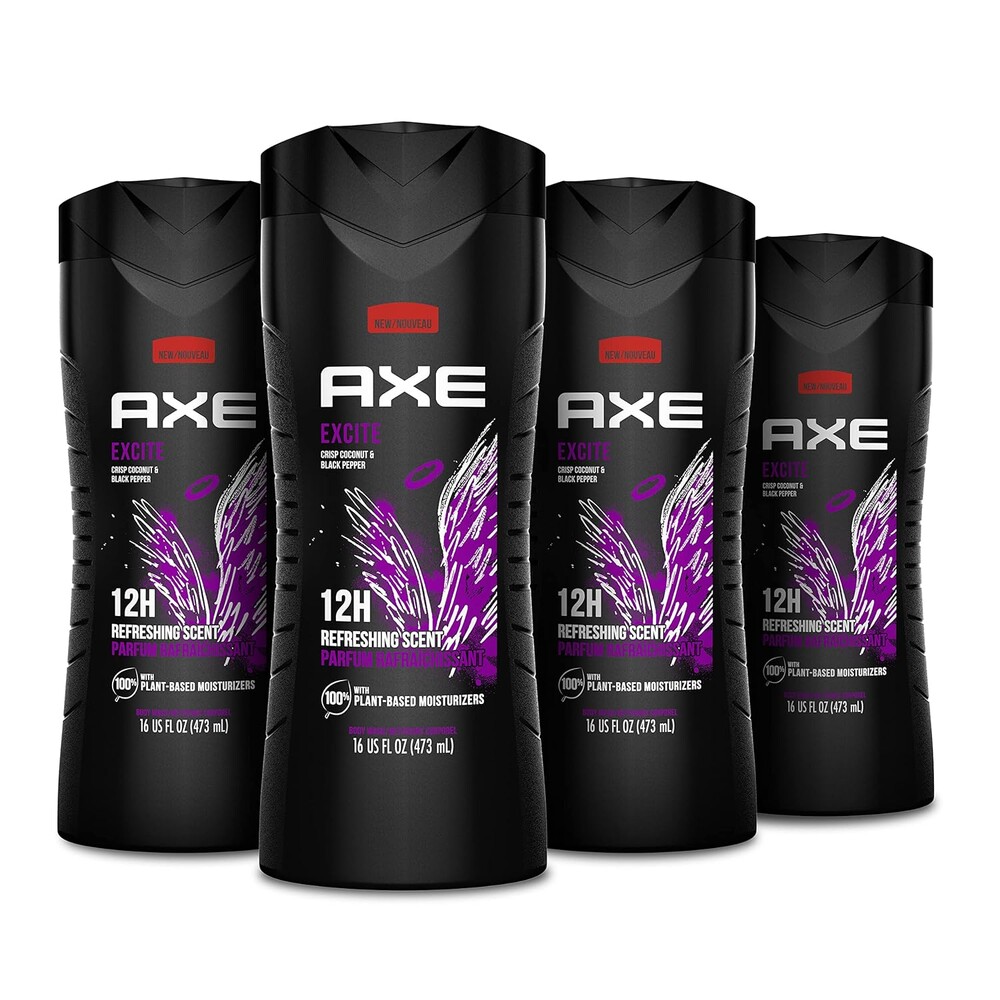 AXE Crisp Coconut & Black Pepper Body Wash 4 Count 12h Refreshing Scent Excite Men's Body Wash with 100% Plant-Based Moisturizers 16 oz