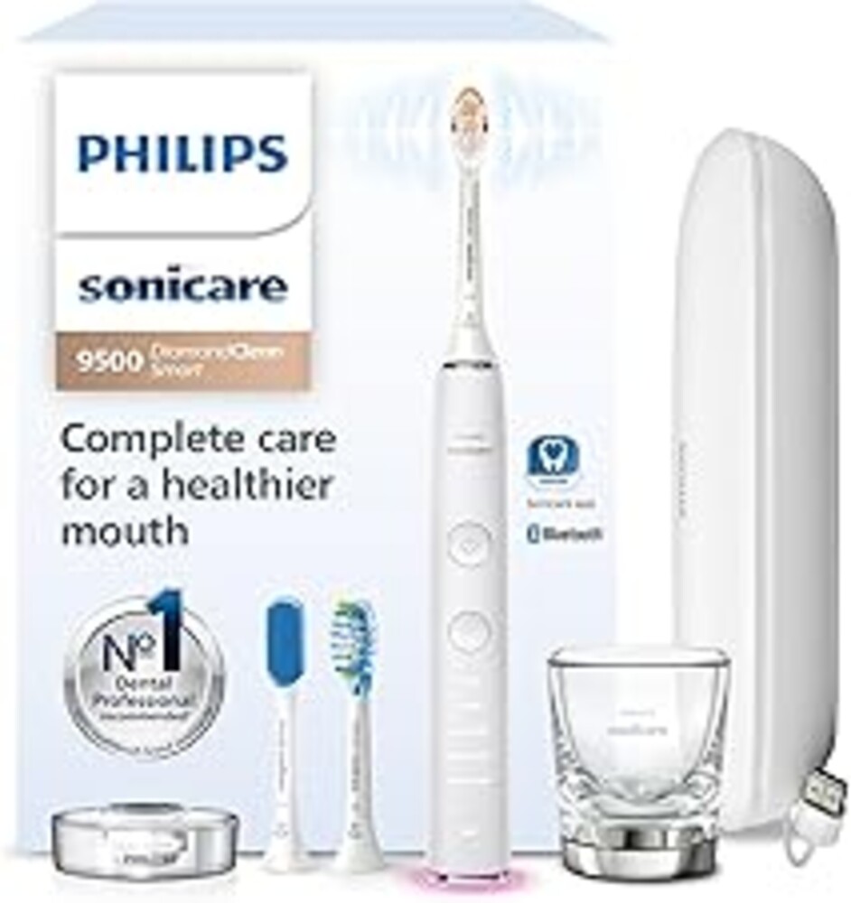 Philips Sonicare DiamondClean Smart 9500 Electric Toothbrush - Sonic Toothbrush with App, Pressure Sensor, 15 Brushing Settings, Replacement Reminder, USB Charging Travel Case, White, Model HX9923/01