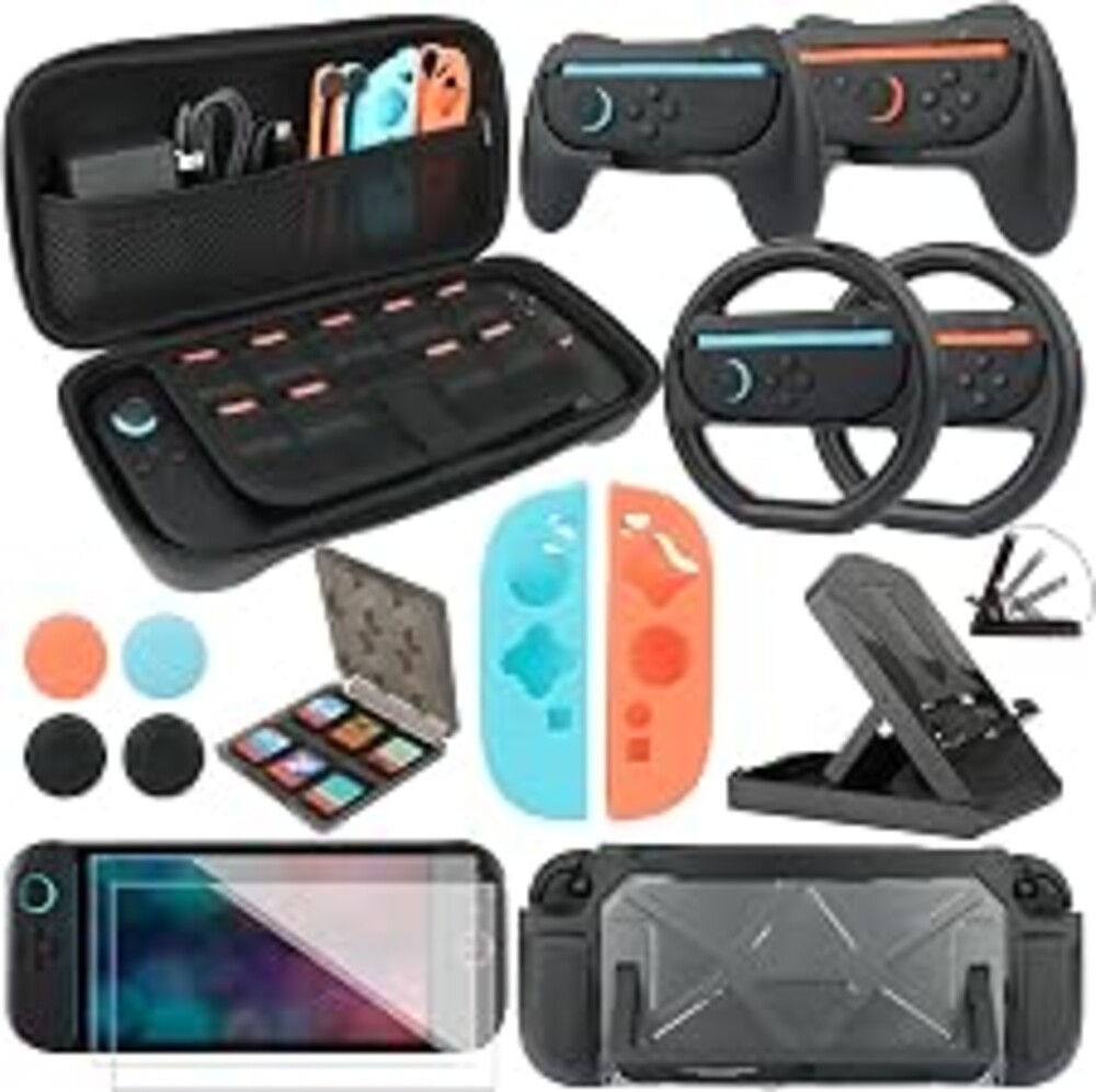 RTop Switch 2 Accessories Kit for Nintendo Switch 2 (2025),Family Bundle Accessories Kit with Carrying Case& Screen Protector,Joy Con Grips and Steering Wheels,Case Cover,Stand and More (16 in 1)