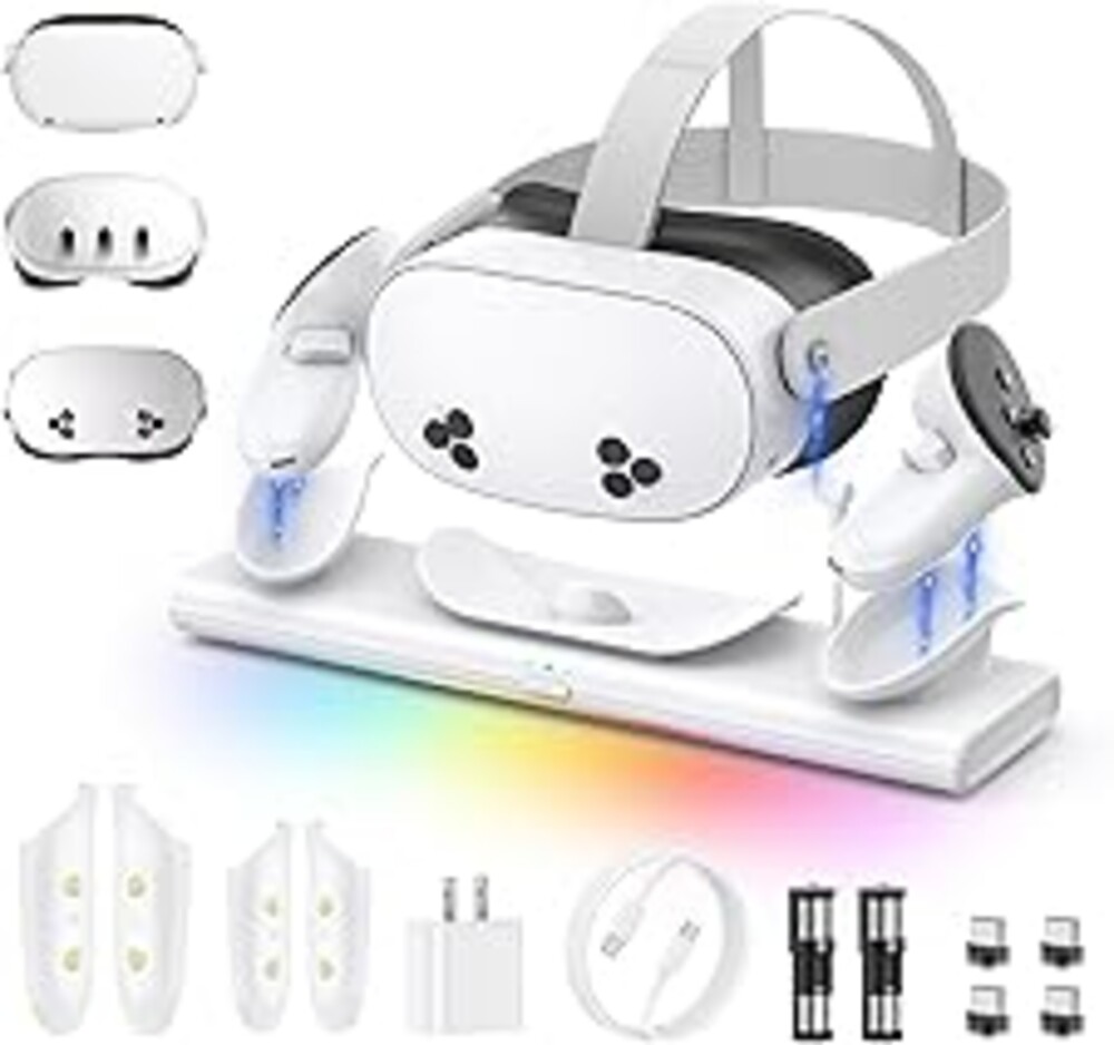 Charging Dock for Meta Quest 3S/3/2, PD 20W Fast Charging Station-Meta/Oculus Quest 3S/3/2 Accessories, Magnetic Charger Stand for VR Headset/Controller, RGB Light, Rechargeable Batteries&USB-C Cable