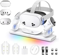 Charging Dock for Meta Quest 3S/3/2, PD 20W Fast Charging Station-Meta/Oculus Quest 3S/3/2 Accessories, Magnetic Charger Stand for VR Headset/Controller, RGB Light, Rechargeable Batteries&USB-C Cable