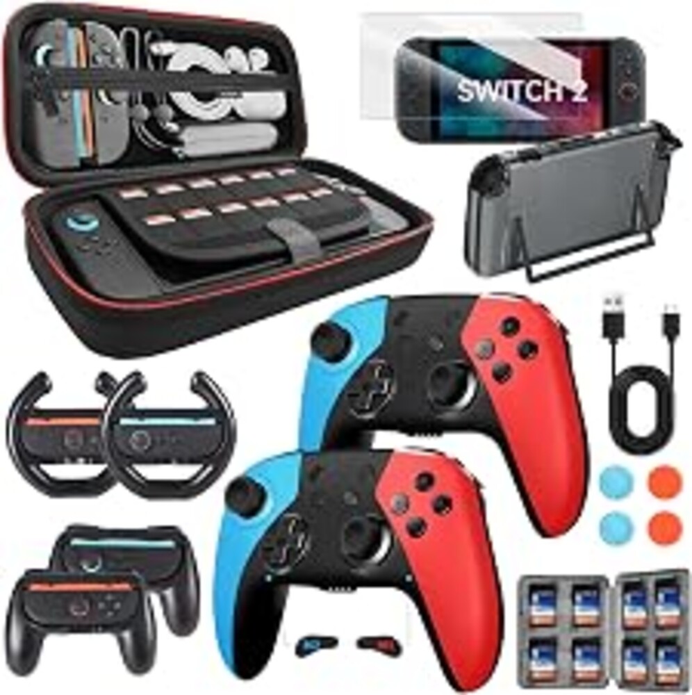 AceGamer Pro Hall Effect Controllers Accessories Bundle for Nintendo Switch 2 17-in-1: Carrying Case, Screen Protector, Grip for Switch 2 Joycons, Steering Wheel, Thumbs, Dockable Protective Cover Shell, Card Case