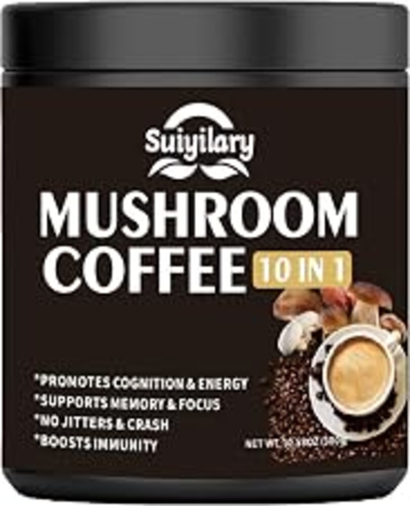 Suiyilary Mushroom Coffee, 10 Mushroom Extract Powder Blend Lion's Mane, Reishi, Chaga, Cordyceps, Turkey Tail, Brain Supplements with Instant Coffee for Energy, Focus, Memory and Immunity 300g