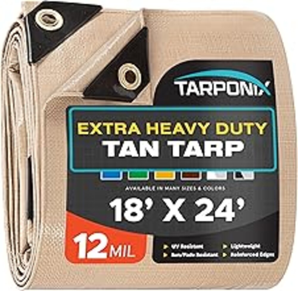 Tarponix 18' x 24' Extra Heavy-Duty Tan Poly Tarp – 12 Mil Thick, Waterproof, UV-Resistant Polyethylene with Reinforced Edges, Double-Stitched Hems, and Rustproof Grommets