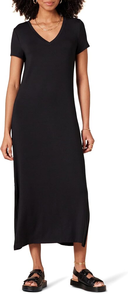 Amazon Essentials Women's Stretchy Jersey V-Neck Short Sleeve Midi Length Dress