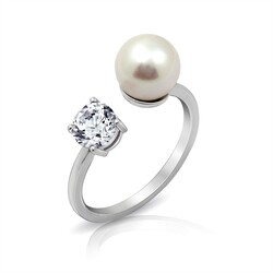 Amazon Essentials Platinum Plated Sterling Silver Infinite Elements Cubic Zirconia Freshwater Pearl Ring