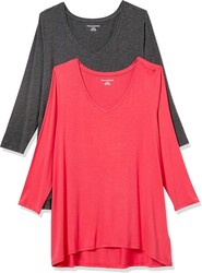 Amazon Essentials Women's 3/4 Sleeve V-Neck Regular Fit Swing T-Shirt (Available in Plus Size), Pack of 2