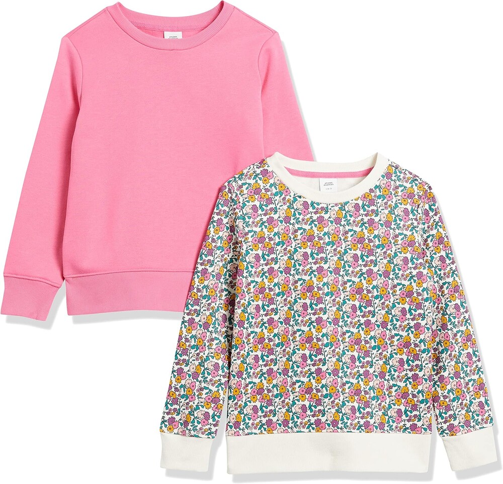 Amazon Essentials Girls and Toddlers' Relaxed Fit Fleece Crewneck Pullover Sweatshirts, Pack of 2