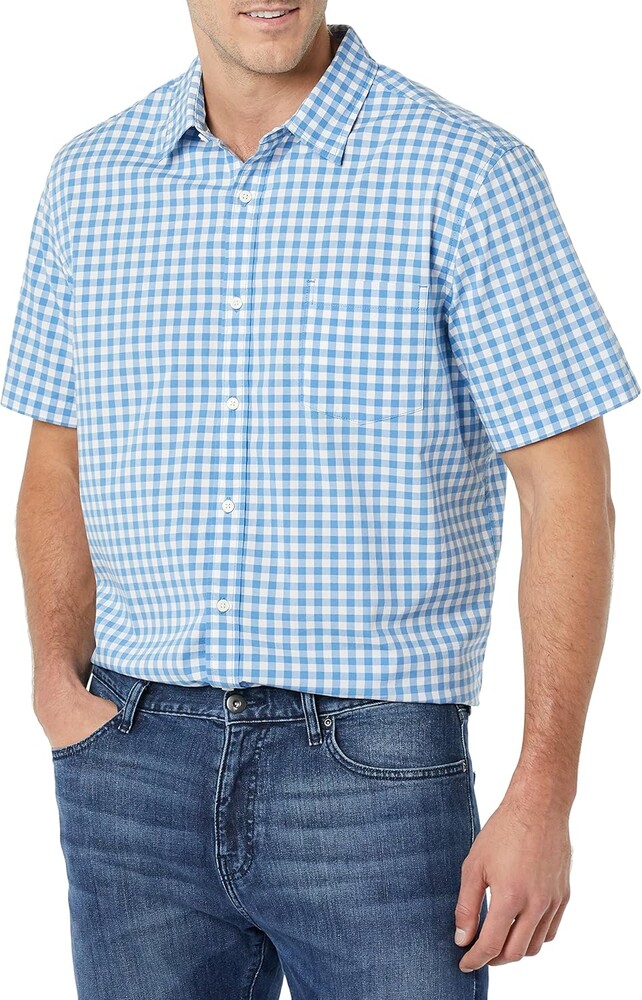 Amazon Essentials Men's Big & Tall Short-Sleeve Stretch Poplin Shirt Shirt, -Light Blue/White, Gingham, 3X