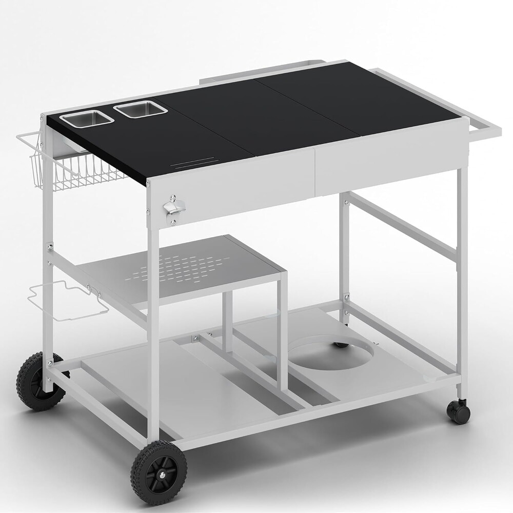 24"x37" Outdoor Tabletop Grill Table Stand, Pizza Oven Cart Table with Topping Station and Wheels, Movable Food Prep Workcart Fits for Ninja Blackstone Woodfire Grill