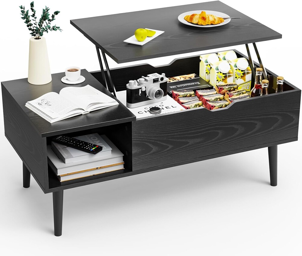 Sweetcrispy Coffee Table Lift Top Coffee Tables for Living Room,Small Rising Wooden Center Tables with Storage Shelf and Hidden Compartment, Black