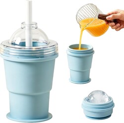 Ice Cube Tray Silicone Slushy cup 2-in-1, Portable Ice Coffee Cups with Lids for Travel,Leakproof Slushie Cup Maker for Home Gym Outdoor, Reusable Mold with Straw