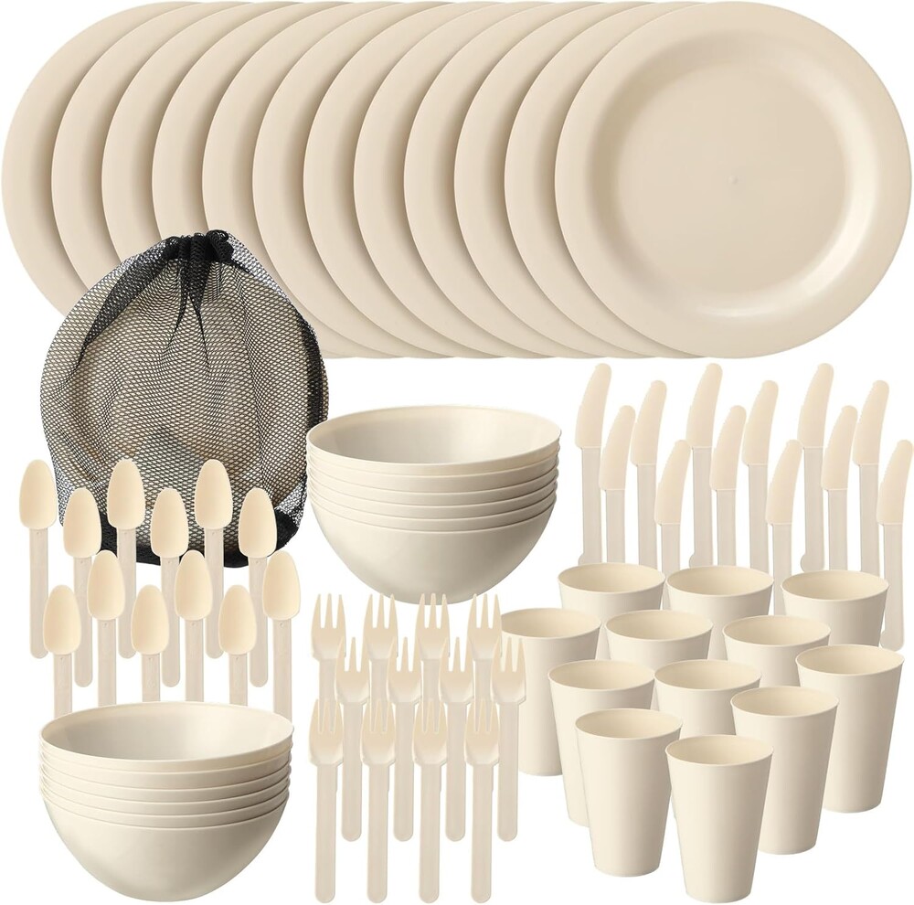LemonRoad 12 Set Beige Plastic Dinnerware Set with Cutlery Unbreakable Plates and Bowls with Storage Mesh Bag Dishwasher & Microwave Safe Reusable Dish for Camping Rv Outdoor Kitchen Apartment Dining