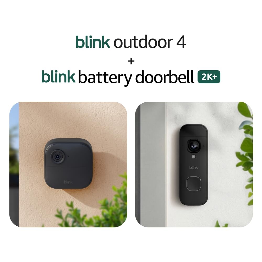 Blink Outdoor 4 and Battery Doorbell 2K+ (newest model) — Two-year battery 1080p camera and 2K battery doorbell. Sync Module Core included — 1 Camera + Doorbell (Black)