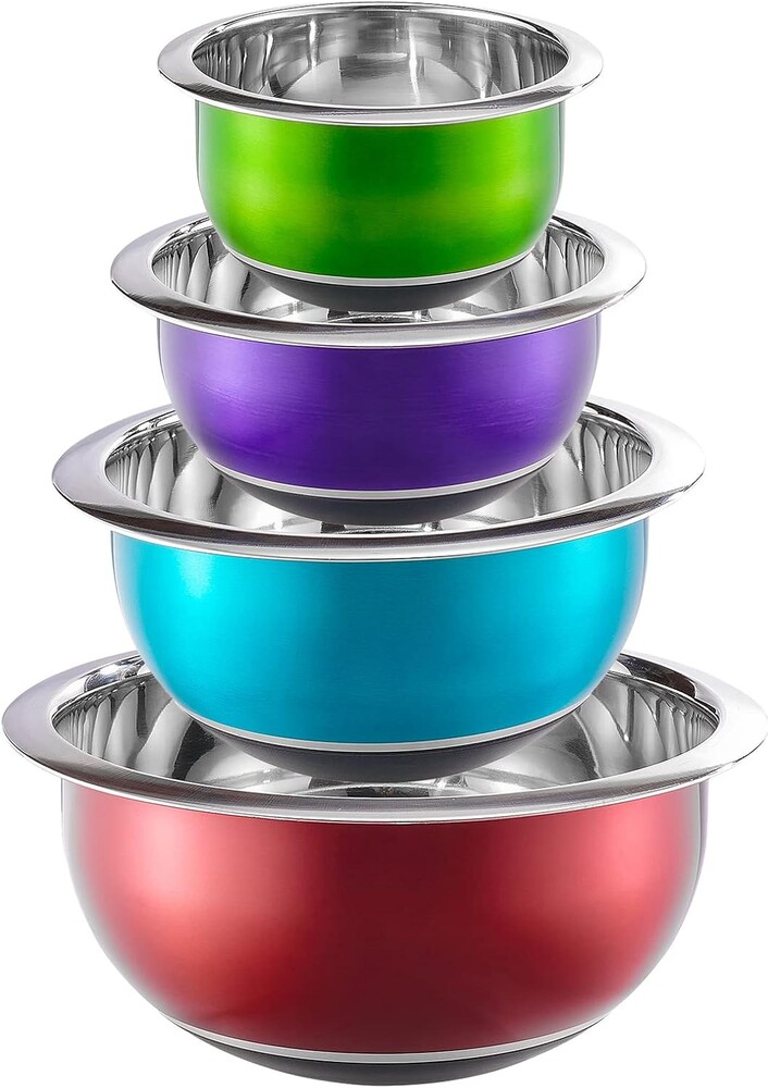 Colorful Mixing Bowl- 4 Pc Set- Stackable Nesting Bowls- Stainless Steel Mixing Bowls Non Slip Silicone Bottom- Cookware Set