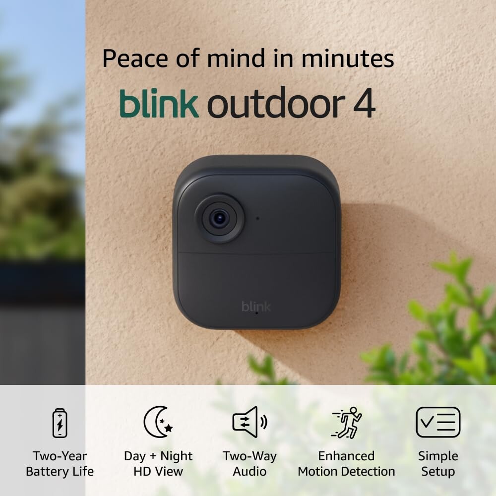 Blink Outdoor 4 – Wireless smart security camera, two-year battery life, 1080p HD day and infrared night live view, two-way t