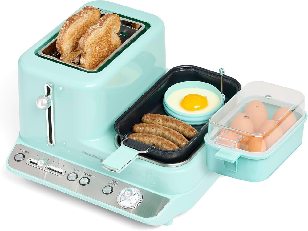 Nostalgia Classic Retro 3-in-1 Breakfast Station, 2-Wide Slot Toaster With Adjustable Toasting Control, Non-Stick Griddle, 6 Capacity Egg Cooker With Lid