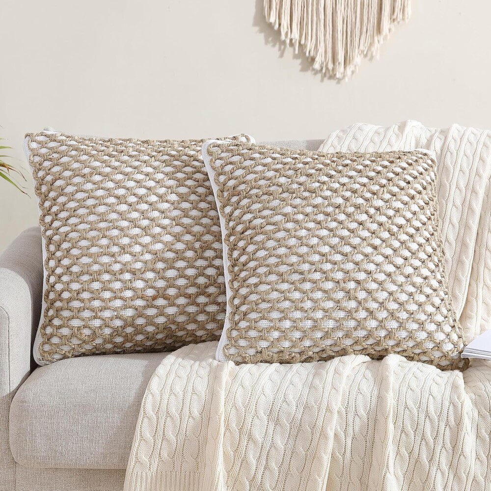 Boho Living Jada 2 Pc Decorative Throw Pillow Covers, Pillow Insert not Included, Premium Woven Design, Living Room Décor, (2) 20" x 20", White