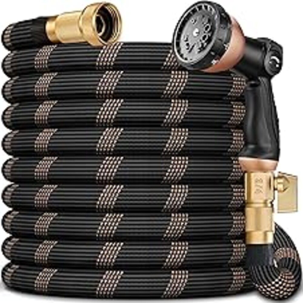 Garden Hose 100FT, Lightweight Flexible Water Hose, 5/8" Kink Free Leak Proof Hose, Heavy Duty 96-Layer Woven with 3/4" Brass Fittings, 10 Function Nozzle for Yard Lawn Outdoor Car Wash(BlackRosegold)