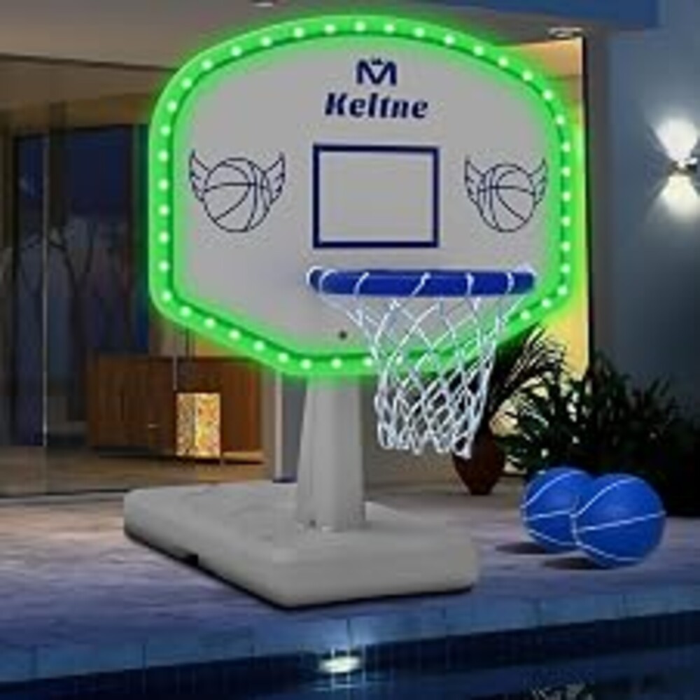 Dahivs LED Pool Basketball Hoop Poolside, Oversized Water Basketball Hoop with Super Bright Solar Lights, 34"x34"x42.2" Light-Up Swimming Pool Basketball Hoops for Kids Adults, with 2 Balls and Pump.