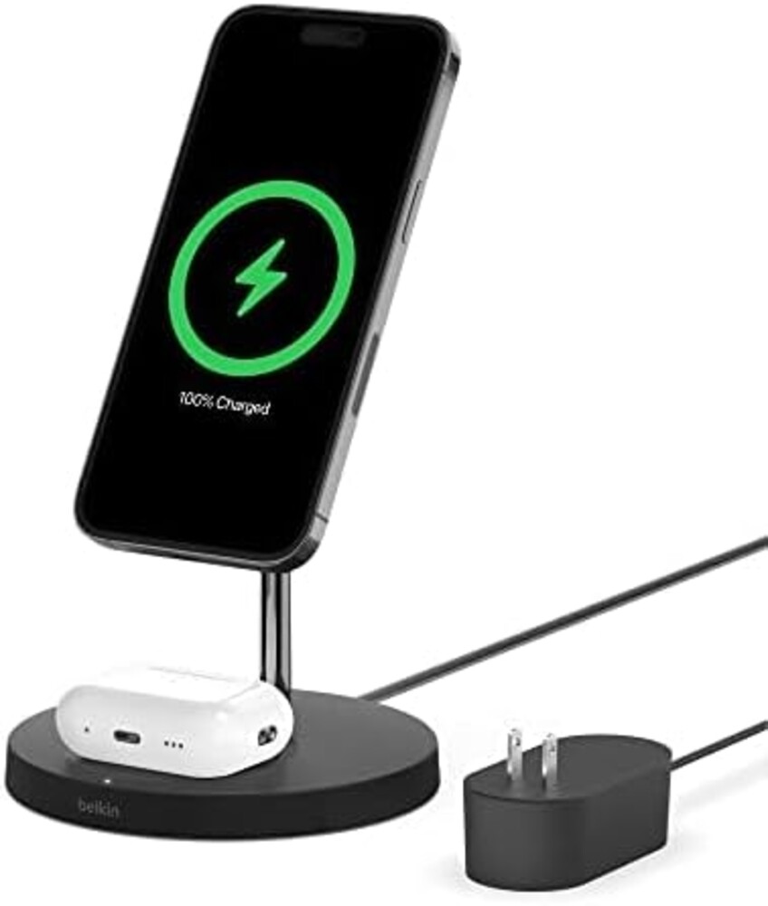 Belkin MagSafe 2-in-1 Wireless Charging Stand for Apple iPhone 17, iPhone 16, iPhone 15, iPhone 14 Series & AirPods - MagSafe Fast Charging Station for Multiple Devices - Black (Certified Refurbished)