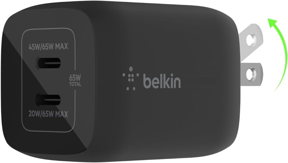 Belkin Dual USB C Charger Block 65W, Super Fast Charging PD 3.0 w/GaN - Samsung Galaxy S26, Apple iPhone 17, Air, Pro, Pro Max, iPad, MacBook, AirPods, Apple Watch, & More - Black