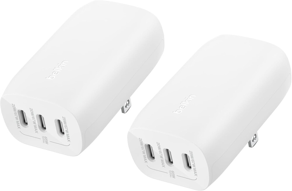 Belkin 3-Port USB C Charger Block 67W - PPS USB-C PD3.1 PPS Super Fast Charging - Samsung Galaxy S26, Apple iPhone 17, Air, Pro, MacBook, AirPods, Apple Watch, Nintendo Switch 2 & More - White, 2-Pack