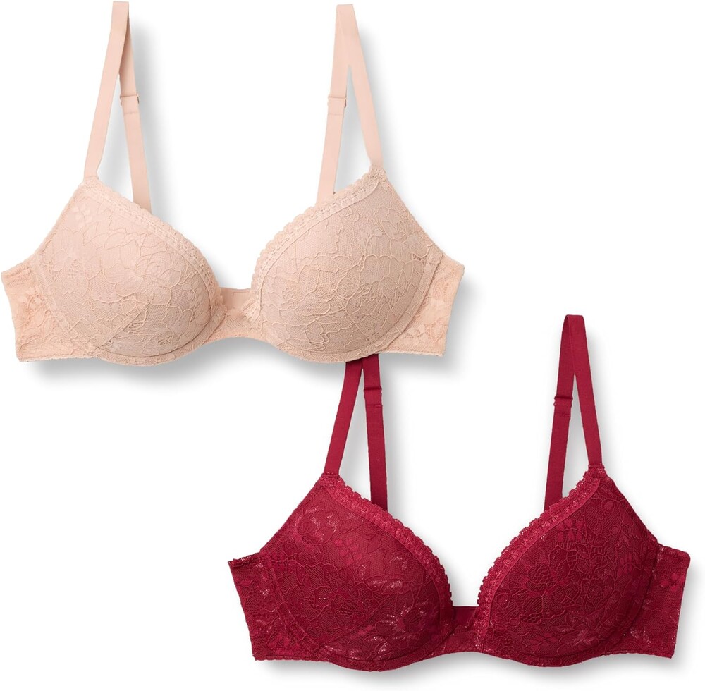 Amazon Essentials Women's Padded Underwire Push-Up Bra, Stretch All-Over Lace, Pack of 2