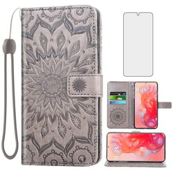 Asuwish Compatible with Motorola Moto G Stylus 5G 2024 Wallet Phone Case and Tempered Glass Screen Protector Flip Credit Card Holder Stand Mandala Flower Cell Cover Wrist Strap for G5 Women Men Gray