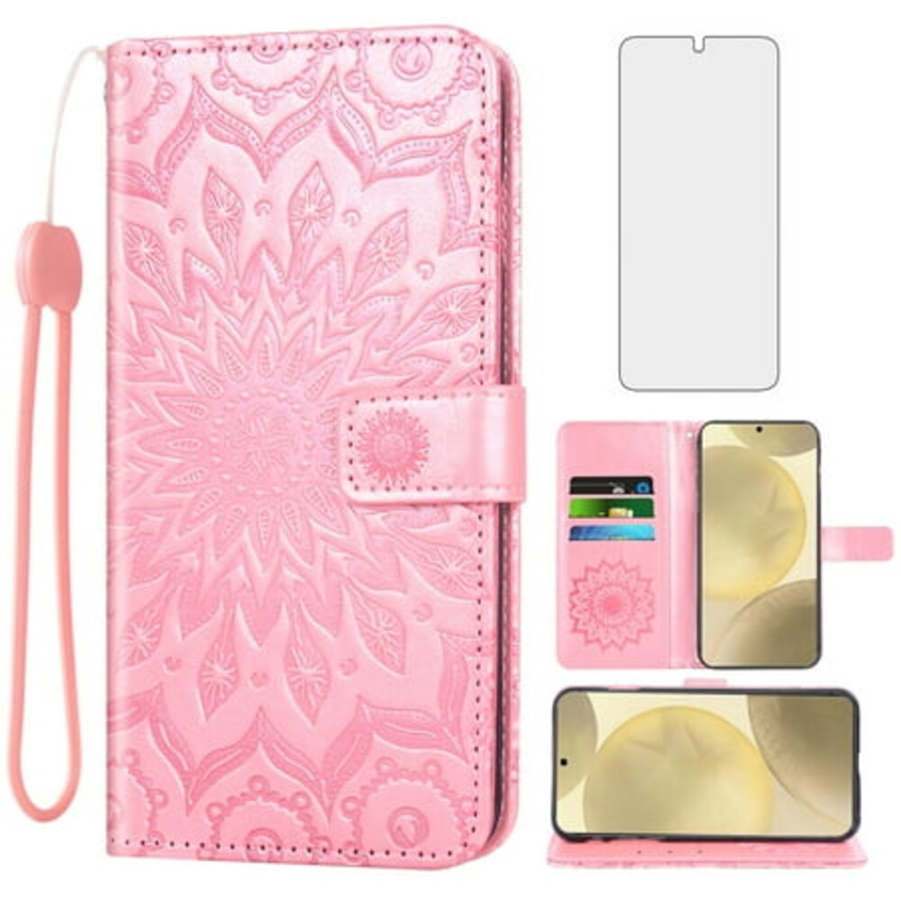 Compatible with Samsung Galaxy S24 Plus/S25 Plus S24+ S25+ 5G Wallet Phone Case and Tempered Glass Screen Protector Flip Credit Card Holder Stand Mandala Flower Cell Cover for S24Plus S25Plus Pink