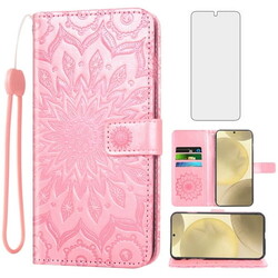 Compatible with Samsung Galaxy S24 Plus/S25 Plus S24+ S25+ 5G Wallet Phone Case and Tempered Glass Screen Protector Flip Credit Card Holder Stand Mandala Flower Cell Cover for S24Plus S25Plus Pink