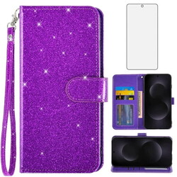 Asuwish Compatible with Samsung Galaxy S25 Edge 5G Wallet Phone Case and Tempered Glass Screen Protector Flip Credit Card Holder Stand Bling Glitter Cell Cover for S25Edge 25S 2025 Women Men Purple