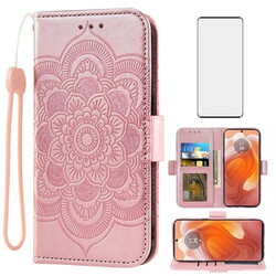 Compatible with Motorola Edge 50 Ultra/Moto X50 Ultra Wallet Phone Case and Tempered Glass Screen Protector Flip Credit Card Holder Stand Mandala Flower Cell Cover for Edge50 50 Ultra Women Pink