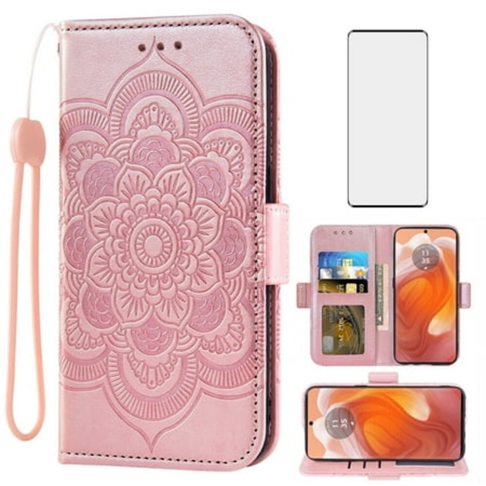 Compatible with Motorola Edge 50 Ultra/Moto X50 Ultra Wallet Phone Case and Tempered Glass Screen Protector Flip Credit Card Holder Stand Mandala Flower Cell Cover for Edge50 50 Ultra Women Pink