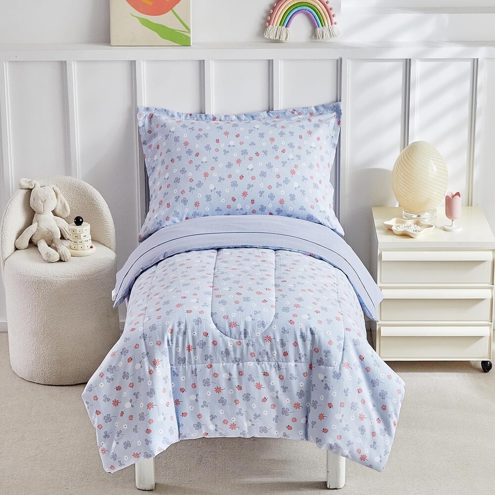 DuShow Toddler Bedding Set for Girls and Boys,4 Piece Bed-in-a-Bag Toddler Comforter Sets,Blue Floral Crib Bedding Sheets Set,Include Quilt Comforter,Flat Sheet,Fitted Sheet,Pillowcase