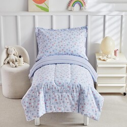 DuShow Toddler Bedding Set for Girls and Boys,4 Piece Bed-in-a-Bag Toddler Comforter Sets,Blue Floral Crib Bedding Sheets Set,Include Quilt Comforter,Flat Sheet,Fitted Sheet,Pillowcase