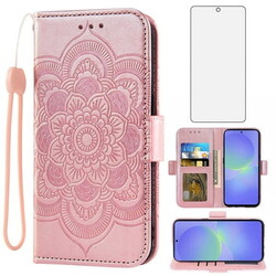 Asuwish Compatible with Samsung Galaxy A36 5G Wallet Phone Case and Tempered Glass Screen Protector Flip Credit Card Holder Stand Mandala Flower Cell Cover for A 36 36A LTE SM-A366U Women Pink